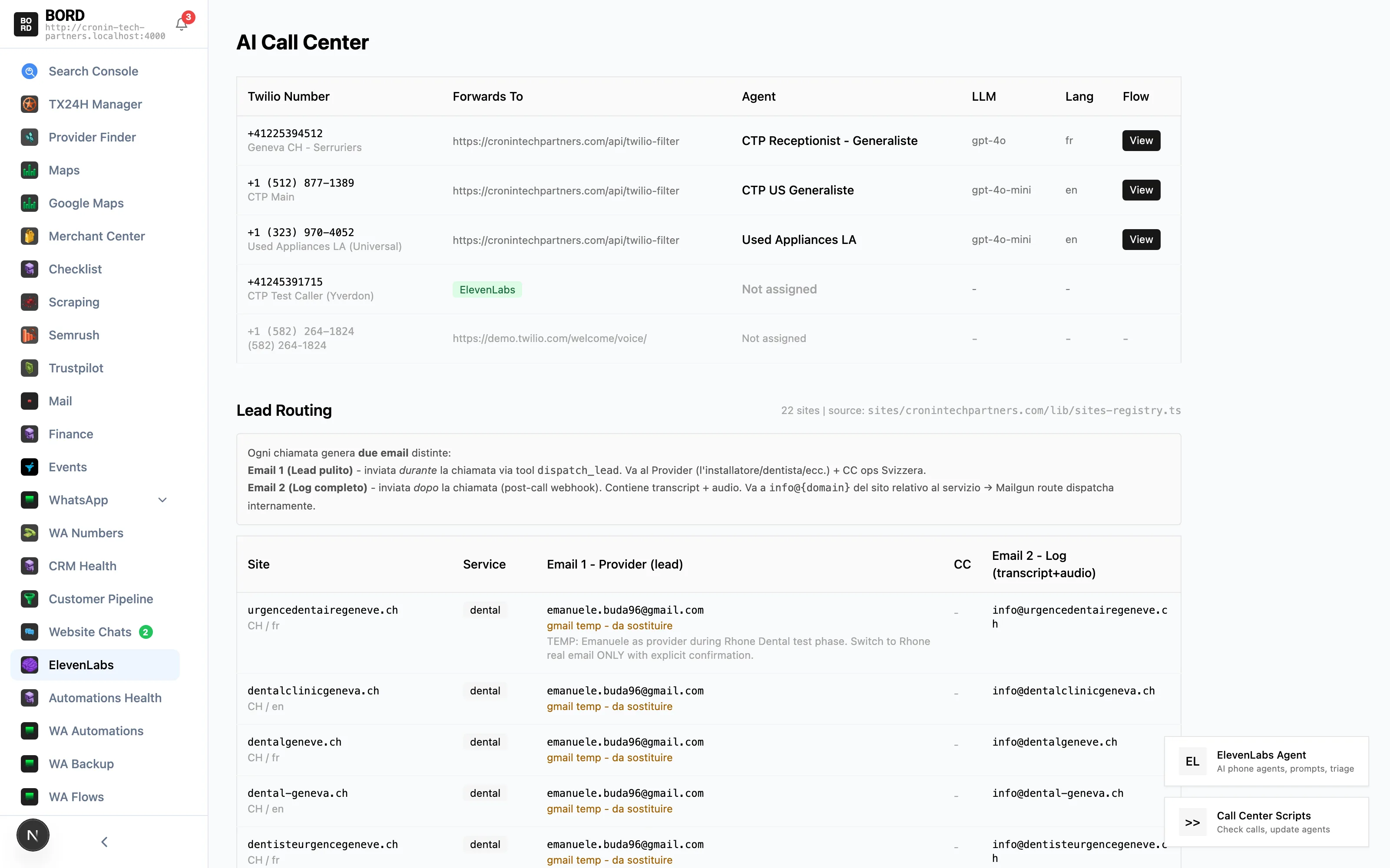 ElevenLabs / 3CX call dashboard inside bord