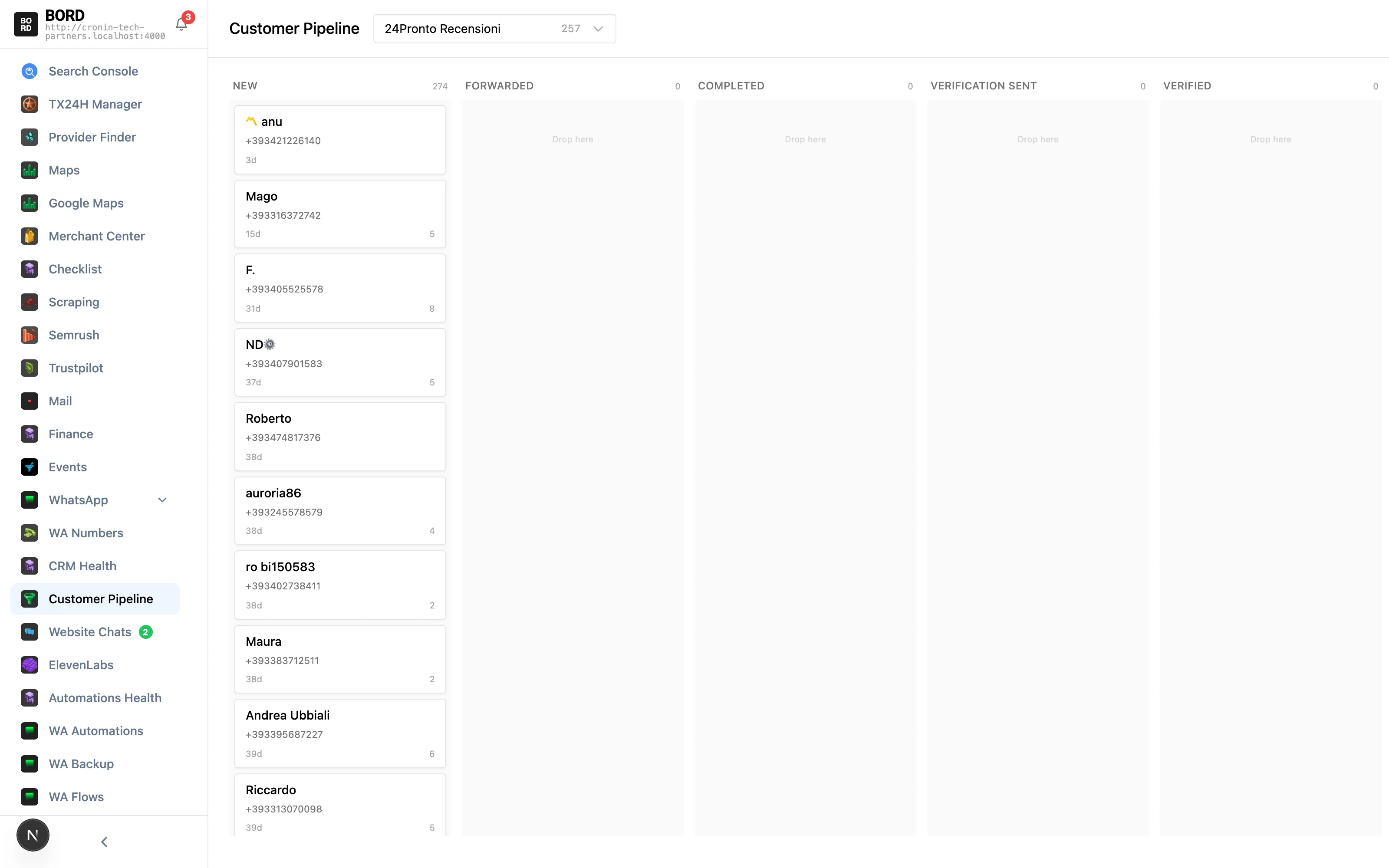 Lead pipeline dashboard inside bord
